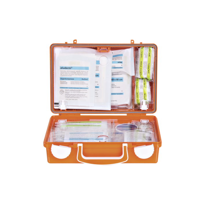 Erste Hilfe-Koffer QUICK-CD Norm orange, gefüllt, DIN 13157, Dim. 260 x 170  x 110 mm. Beschriftung 3-sprachig