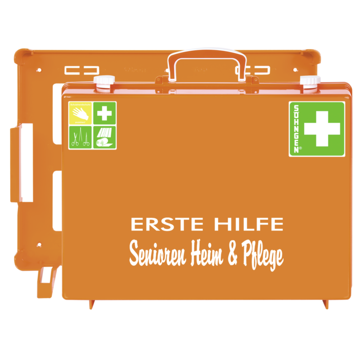 Erste Hilfe Koffer Spezial MT–CD Senioren Heim und Pflege. ABS orange,  gefūllt. Dim. 400 x 300 x 150 mm.