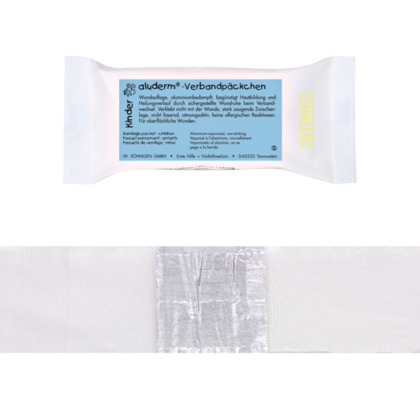 confezione di bendaggio pediatrico aluderm, medio, benda di circa 2 m (dosata) x 6 cm, compressa di circa 6 x 6 cm