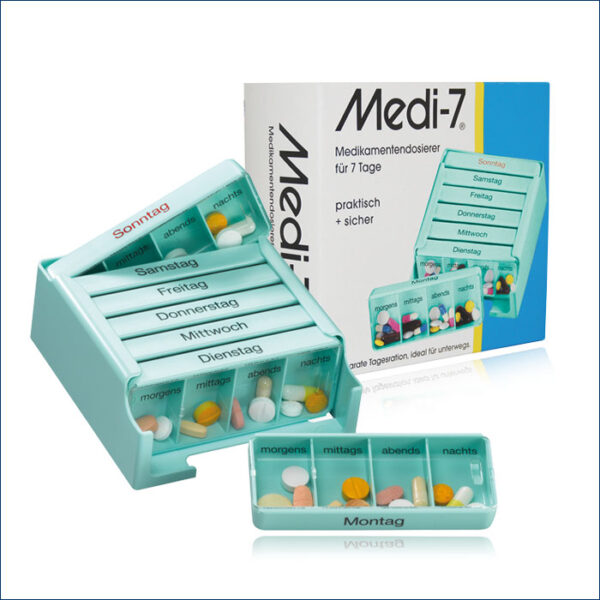 20-13-400-TUER Medi-7 Doseur de médicaments turquoise Imprimé en allemand
