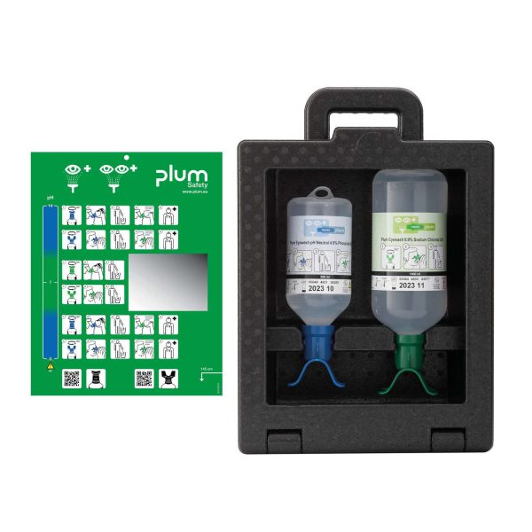 Boîtier iBOX plum composé de 1 x 500 ml solution de rinçage oculaire pH neutre DUO et de 1 x 1000 ml solution de rinçage oculaire stérile de chlorure de sodium à 0,9% (NaCl). DUO.