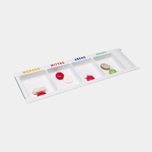 20-13-701 Partie inférieure blanche pour distributeur de médicaments réutilisable avec compartiments avec impression