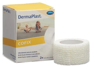 Fixierbinde Dermaplast® CoFix, weiß, elastisch, selbstklebend. Dim. 2,5 cm x 4 m. Packung à 2 Stück.